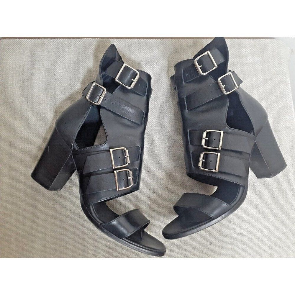 THE KOOPLES Heels Black Leather Strappy Buckle Block Heels Size 8 EU 38